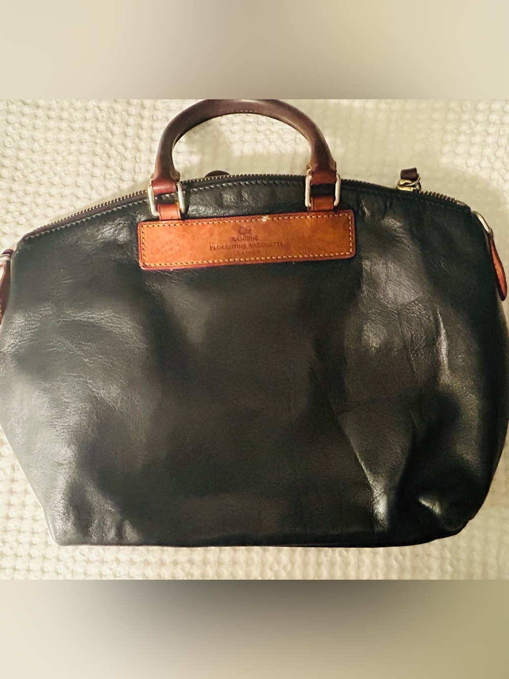 Dooney & Bourke Black Leather Florentine Satchel with Brown Trim